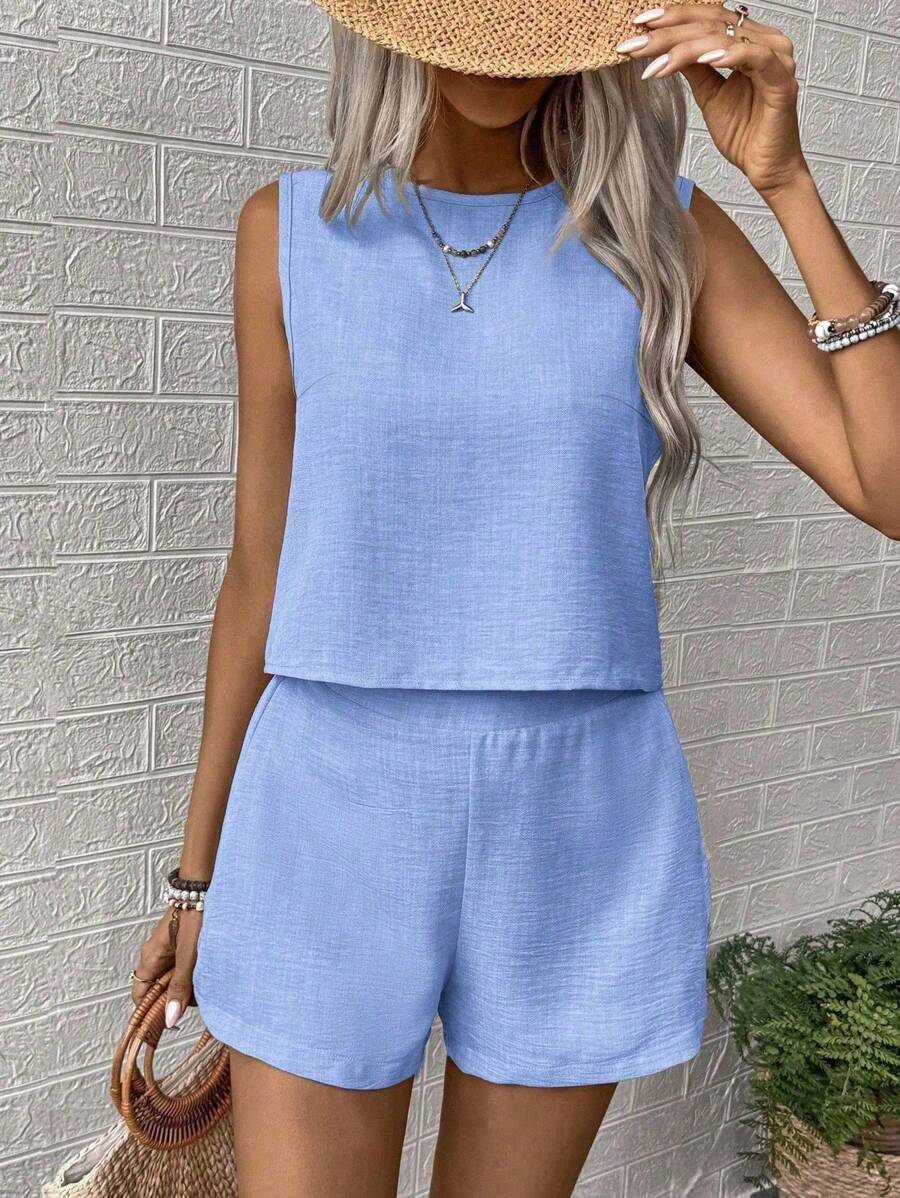 Nora | Solid Button Tank Top & Shorts Two-Piece Set