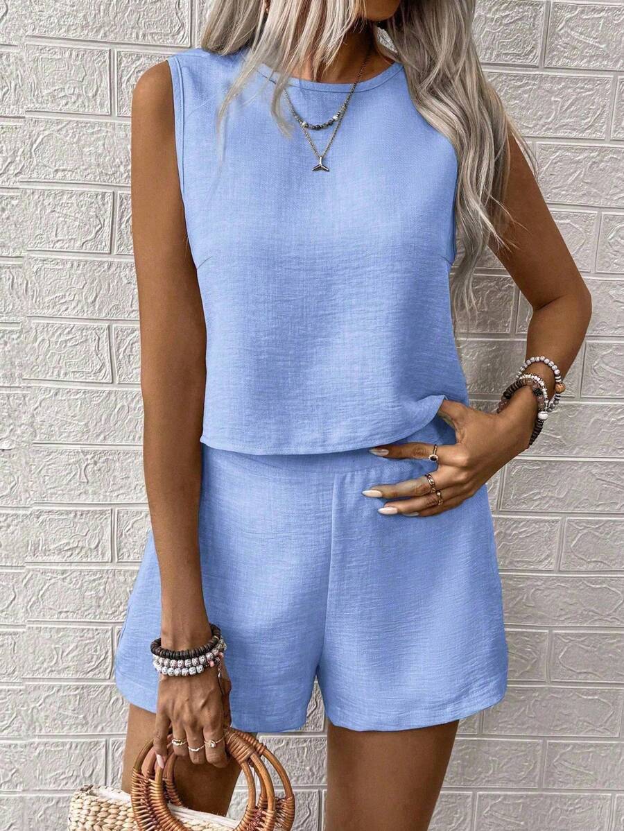 Nora | Solid Button Tank Top & Shorts Two-Piece Set