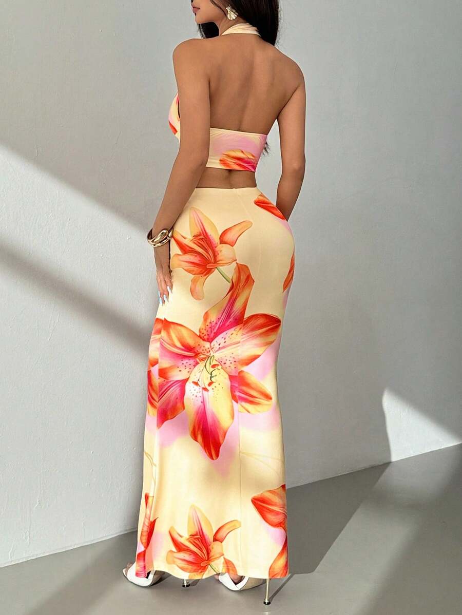 Zara | Tropical Floral Halter Crop Top & Maxi Skirt Two-Piece Set