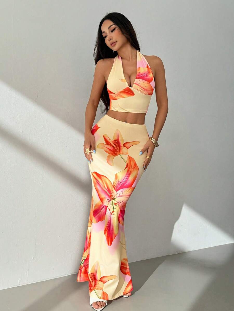 Zara | Tropical Floral Halter Crop Top & Maxi Skirt Two-Piece Set