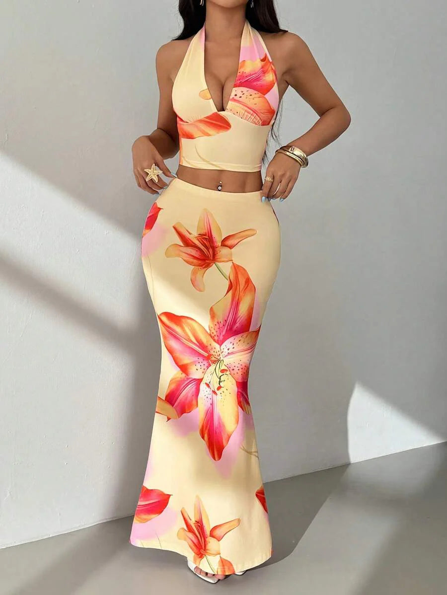 Zara | Tropical Floral Halter Crop Top & Maxi Skirt Two-Piece Set