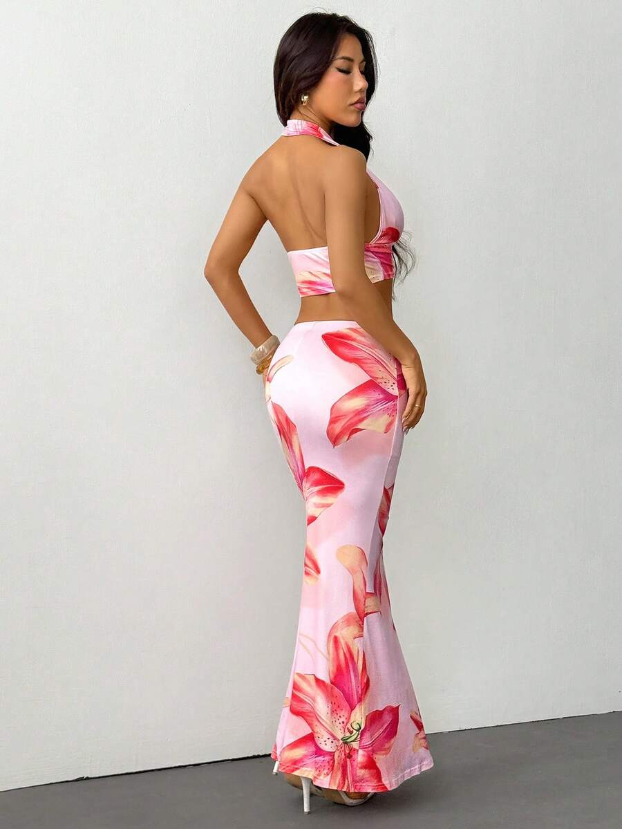 Zara | Tropical Floral Halter Crop Top & Maxi Skirt Two-Piece Set