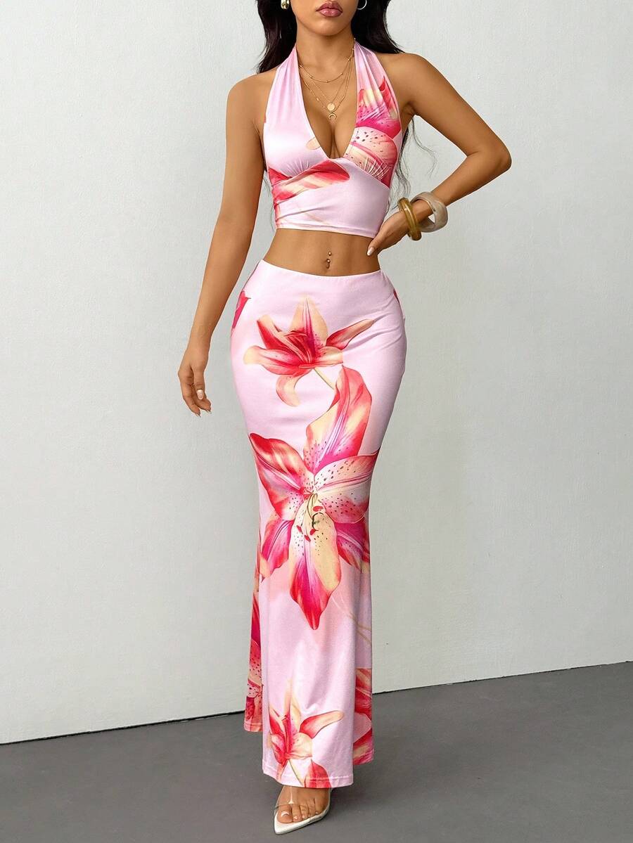Zara | Tropical Floral Halter Crop Top & Maxi Skirt Two-Piece Set