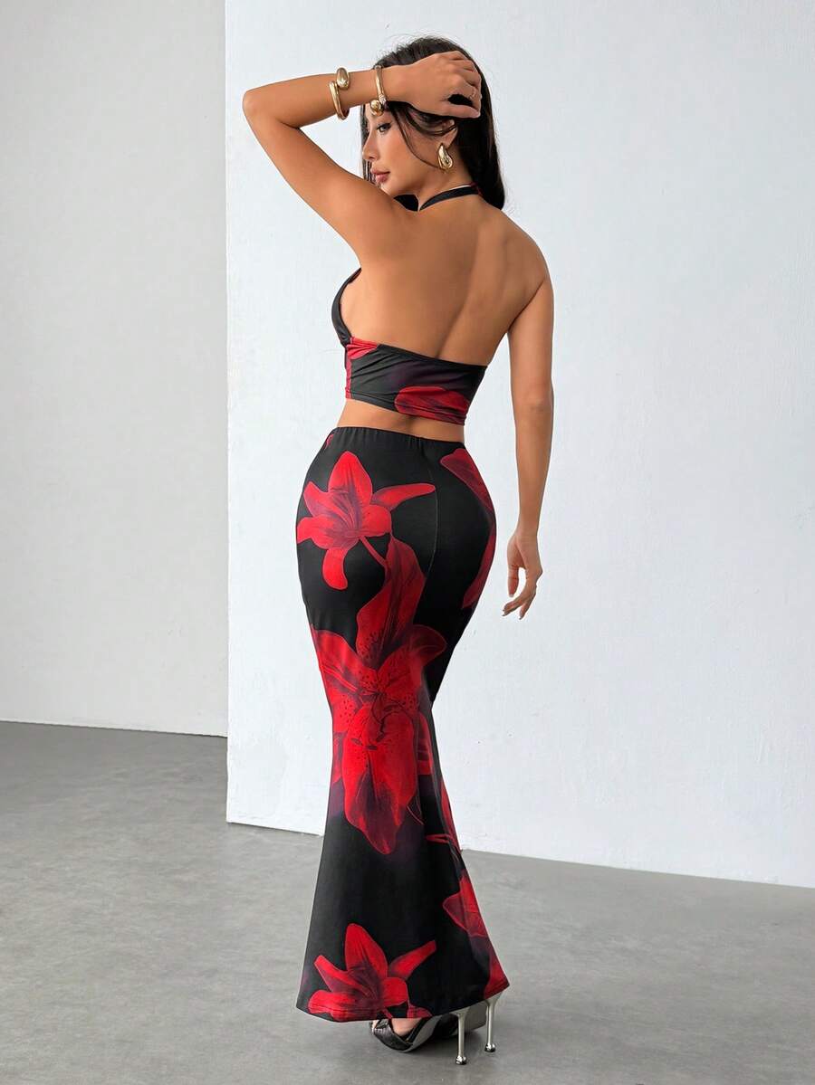 Zara | Tropical Floral Halter Crop Top & Maxi Skirt Two-Piece Set