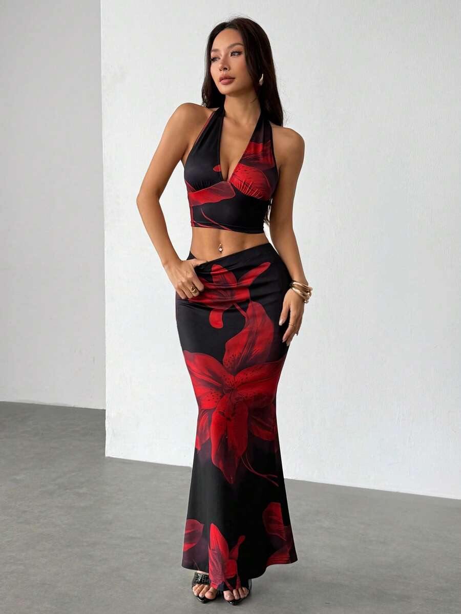 Zara | Tropical Floral Halter Crop Top & Maxi Skirt Two-Piece Set