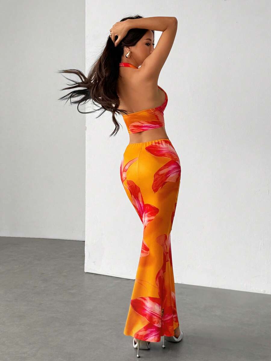Zara | Tropical Floral Halter Crop Top & Maxi Skirt Two-Piece Set