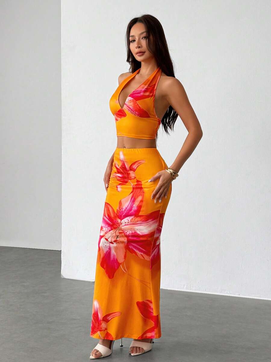 Zara | Tropical Floral Halter Crop Top & Maxi Skirt Two-Piece Set