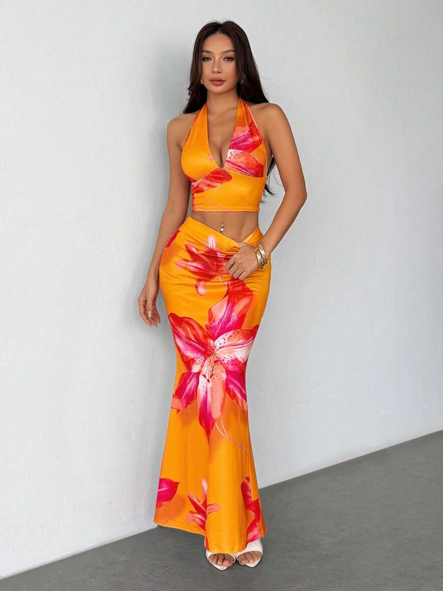 Zara | Tropical Floral Halter Crop Top & Maxi Skirt Two-Piece Set