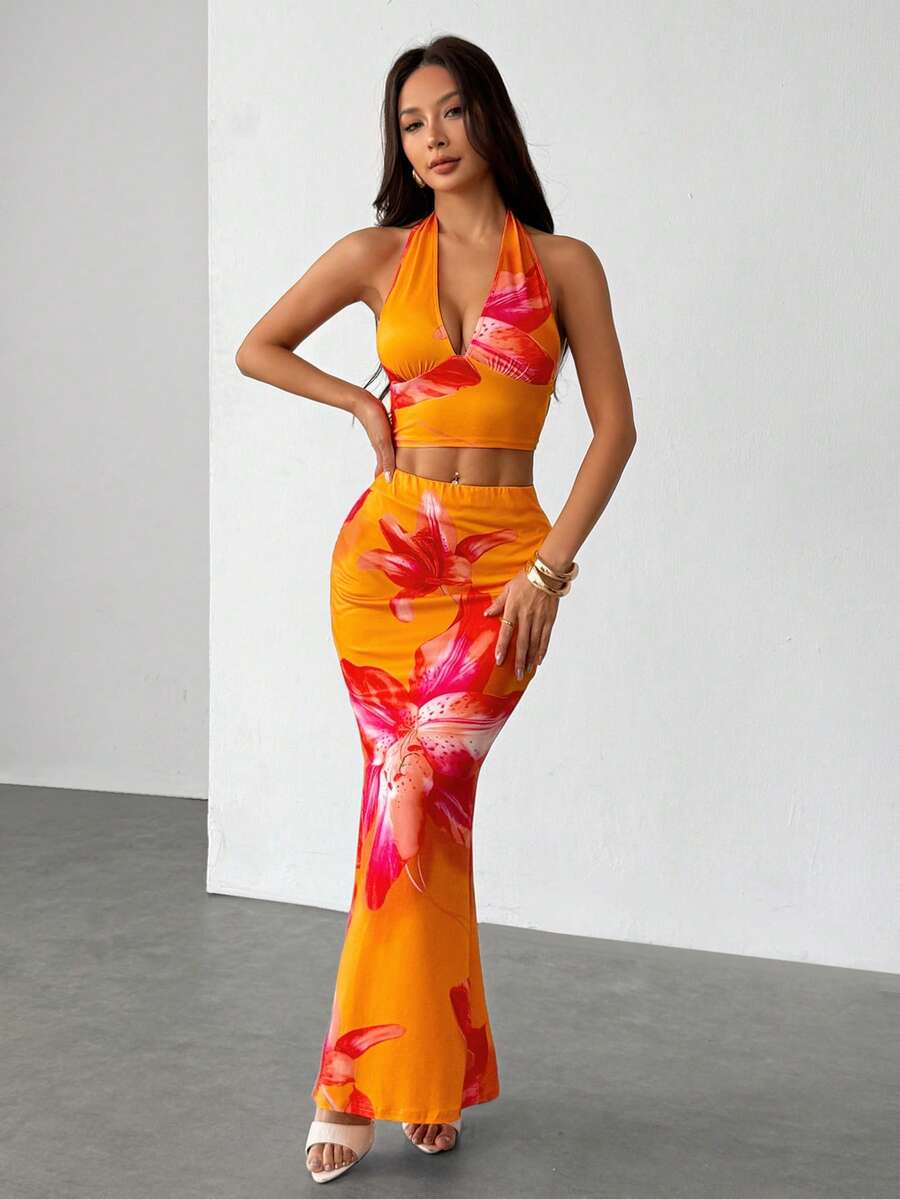 Zara | Tropical Floral Halter Crop Top & Maxi Skirt Two-Piece Set