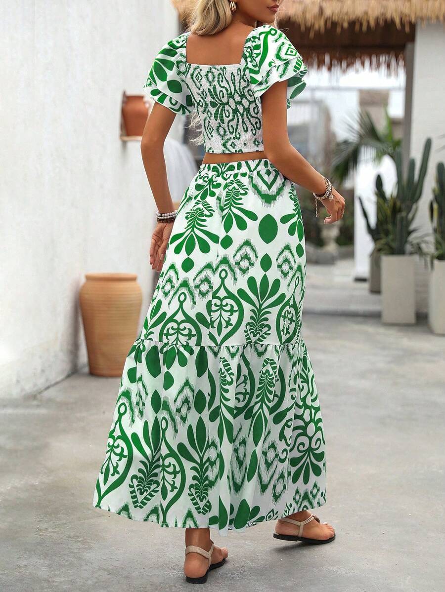 Aria | Floral Two-Piece Set with Crop Top and Long Ruffle Skirt