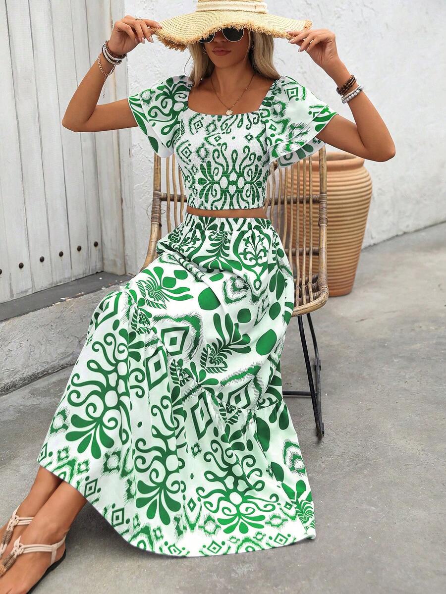 Aria | Floral Two-Piece Set with Crop Top and Long Ruffle Skirt
