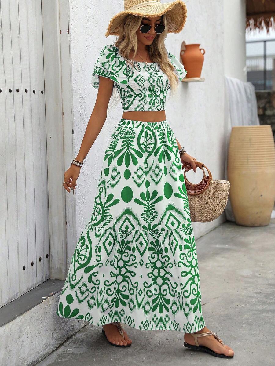 Aria | Floral Two-Piece Set with Crop Top and Long Ruffle Skirt