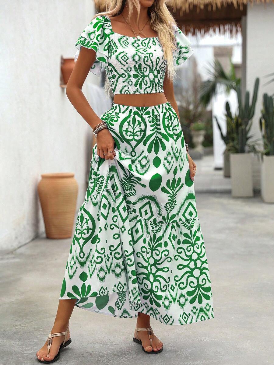 Aria | Floral Two-Piece Set with Crop Top and Long Ruffle Skirt