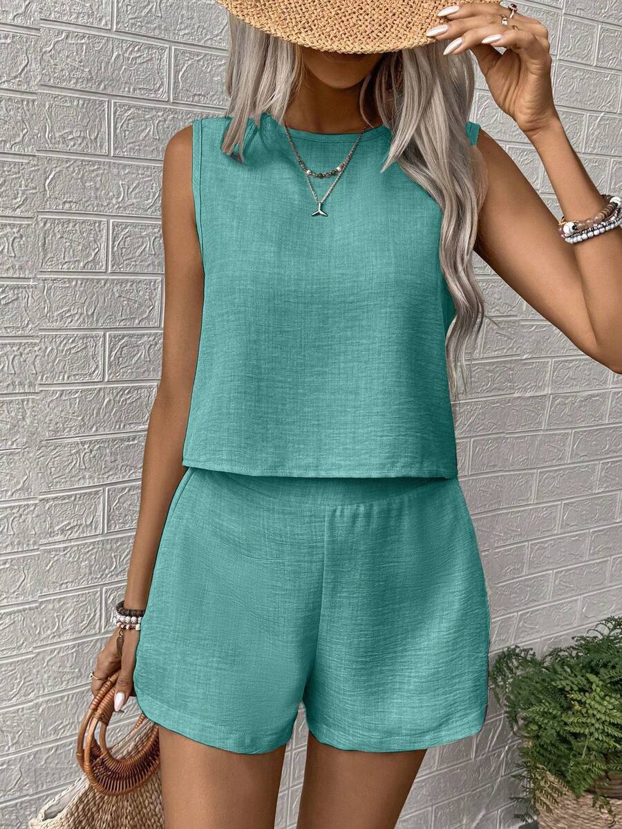 Nora | Solid Button Tank Top & Shorts Two-Piece Set