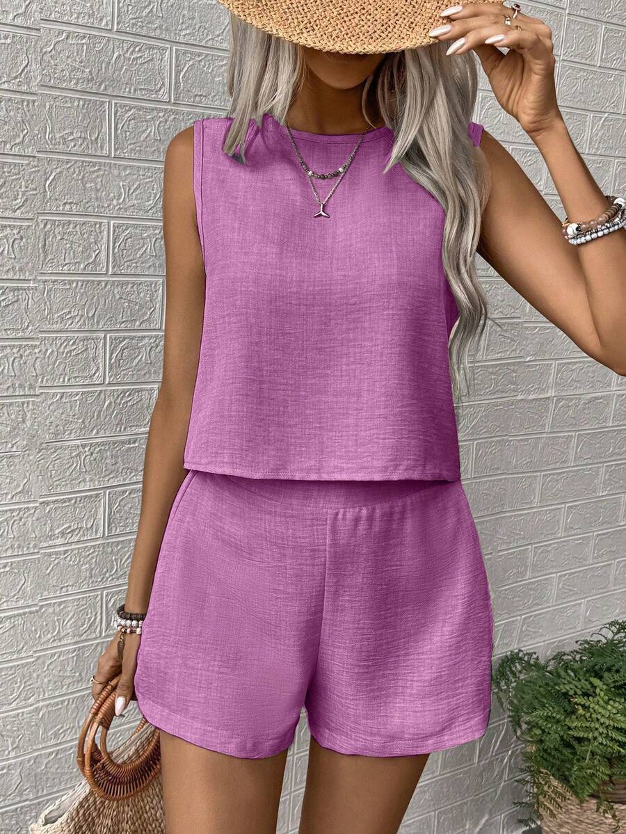 Nora | Solid Button Tank Top & Shorts Two-Piece Set