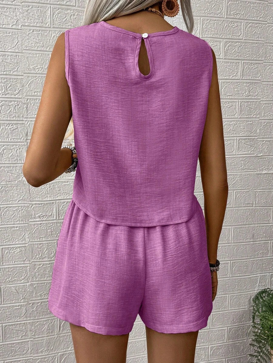 Nora | Solid Button Tank Top & Shorts Two-Piece Set