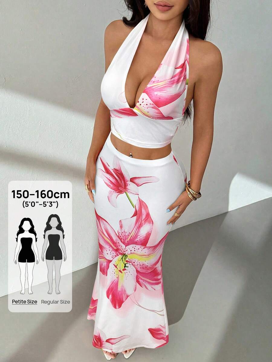 Zara | Tropical Floral Halter Crop Top & Maxi Skirt Two-Piece Set