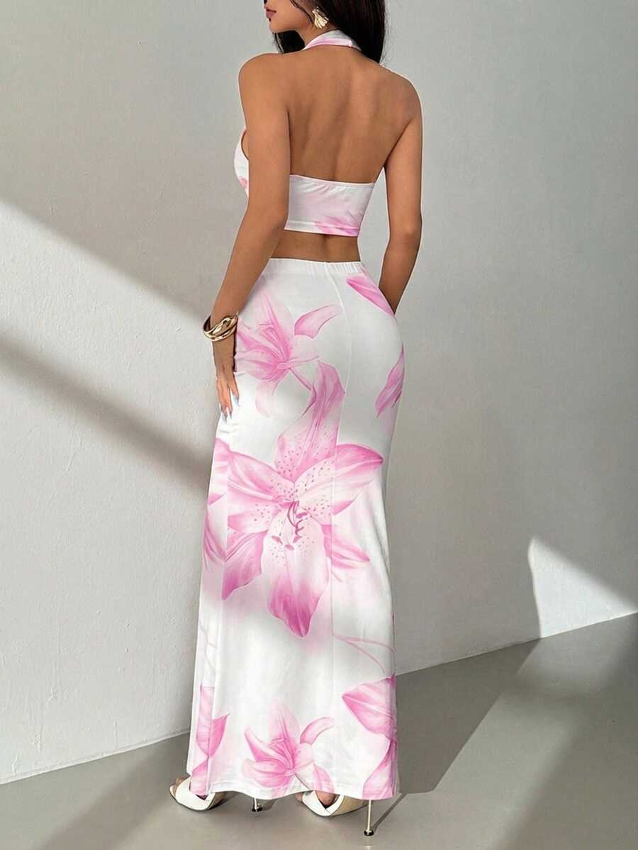 Zara | Tropical Floral Halter Crop Top & Maxi Skirt Two-Piece Set