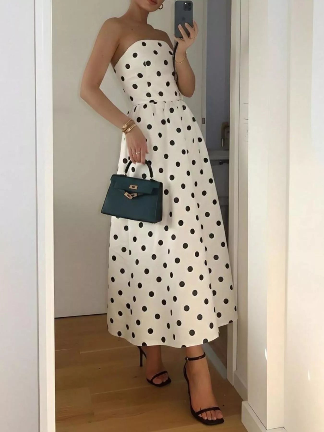 Rosalie | Polka Dot Strapless Midi Dress