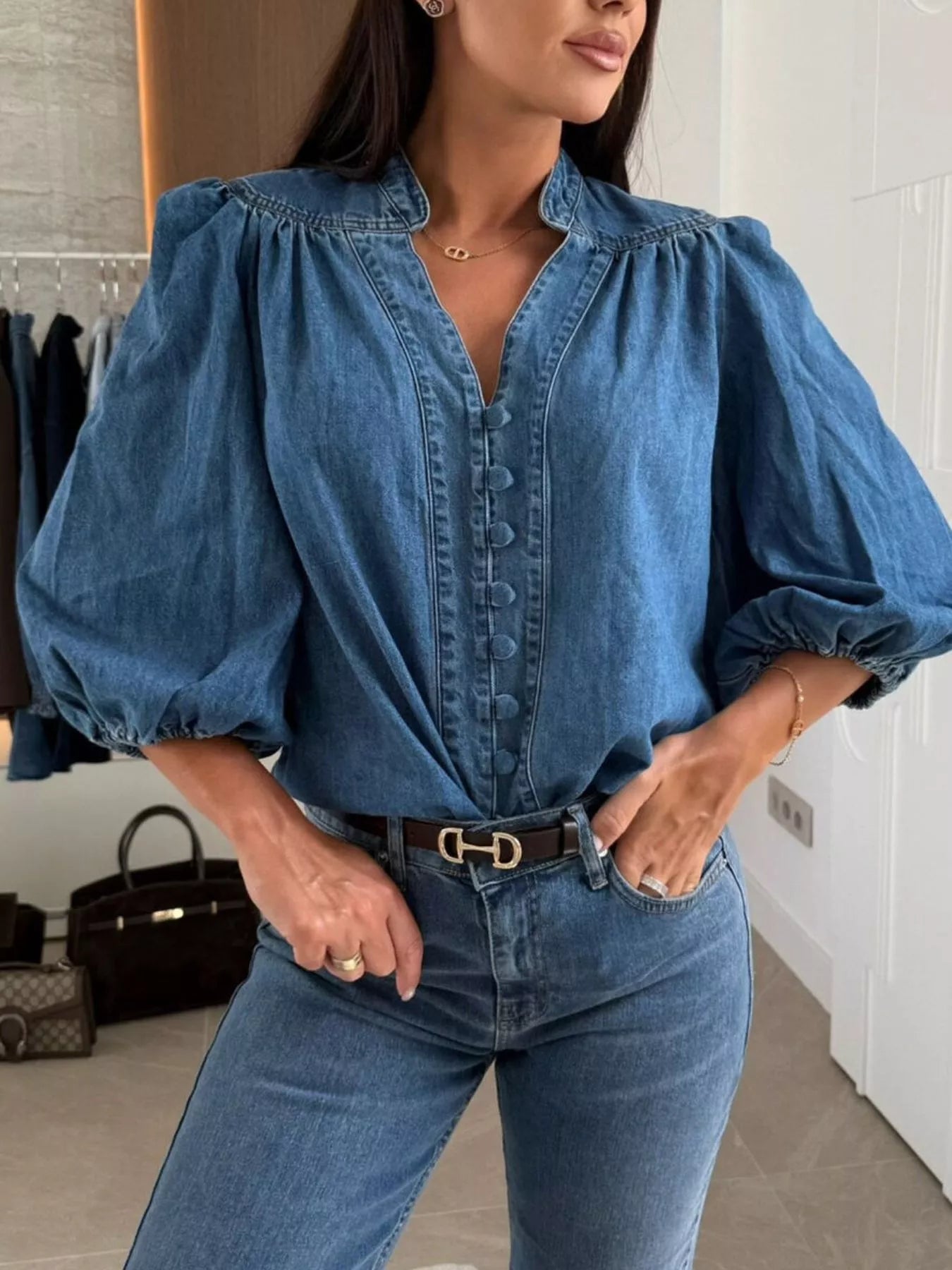 Daphne | Puff Sleeve Denim Blouse
