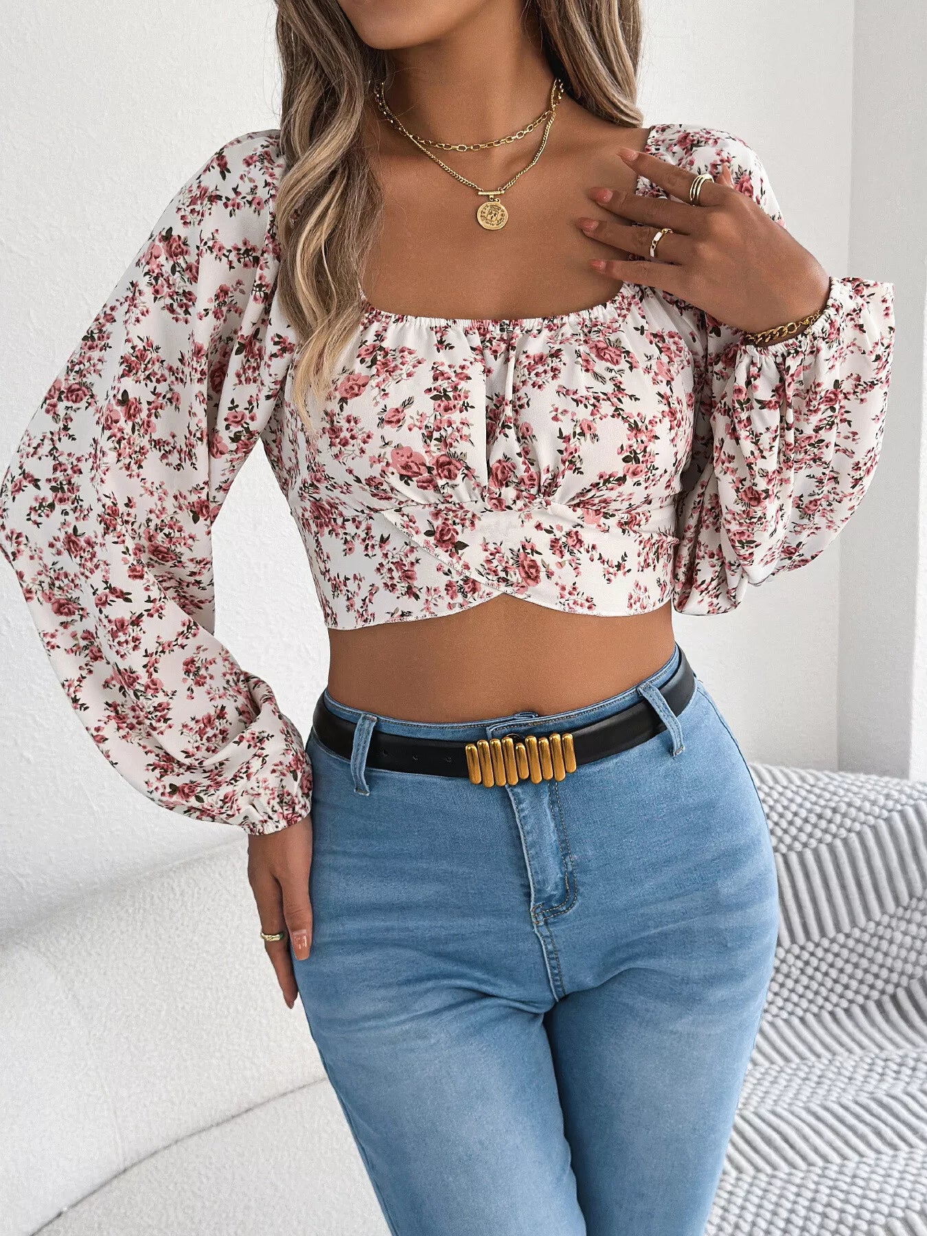 Arabella | Floral Square Neck Crop Blouse