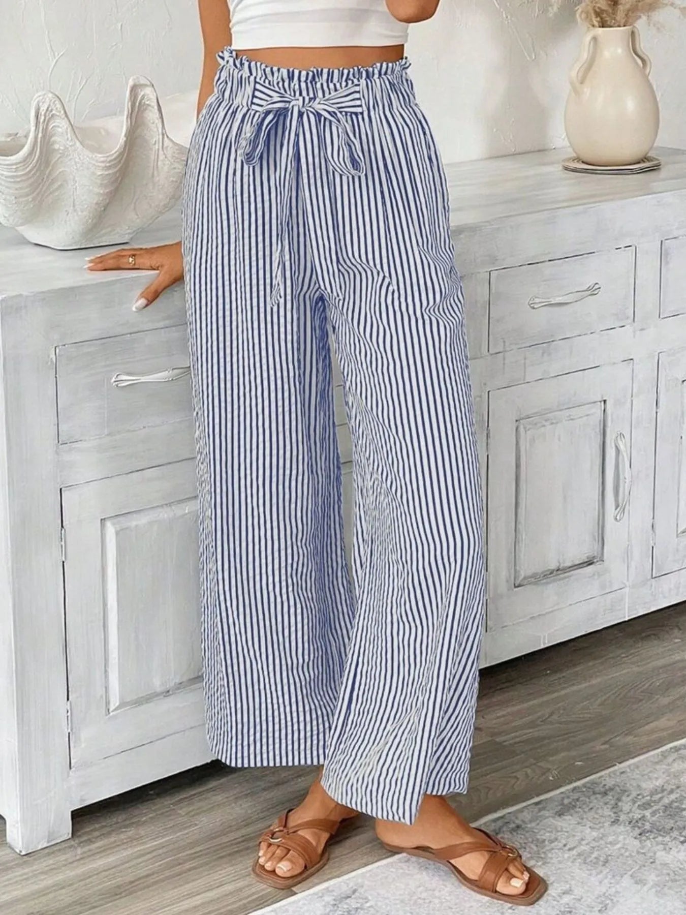 Sophie | Striped Paperbag Waist Wide Leg Trousers