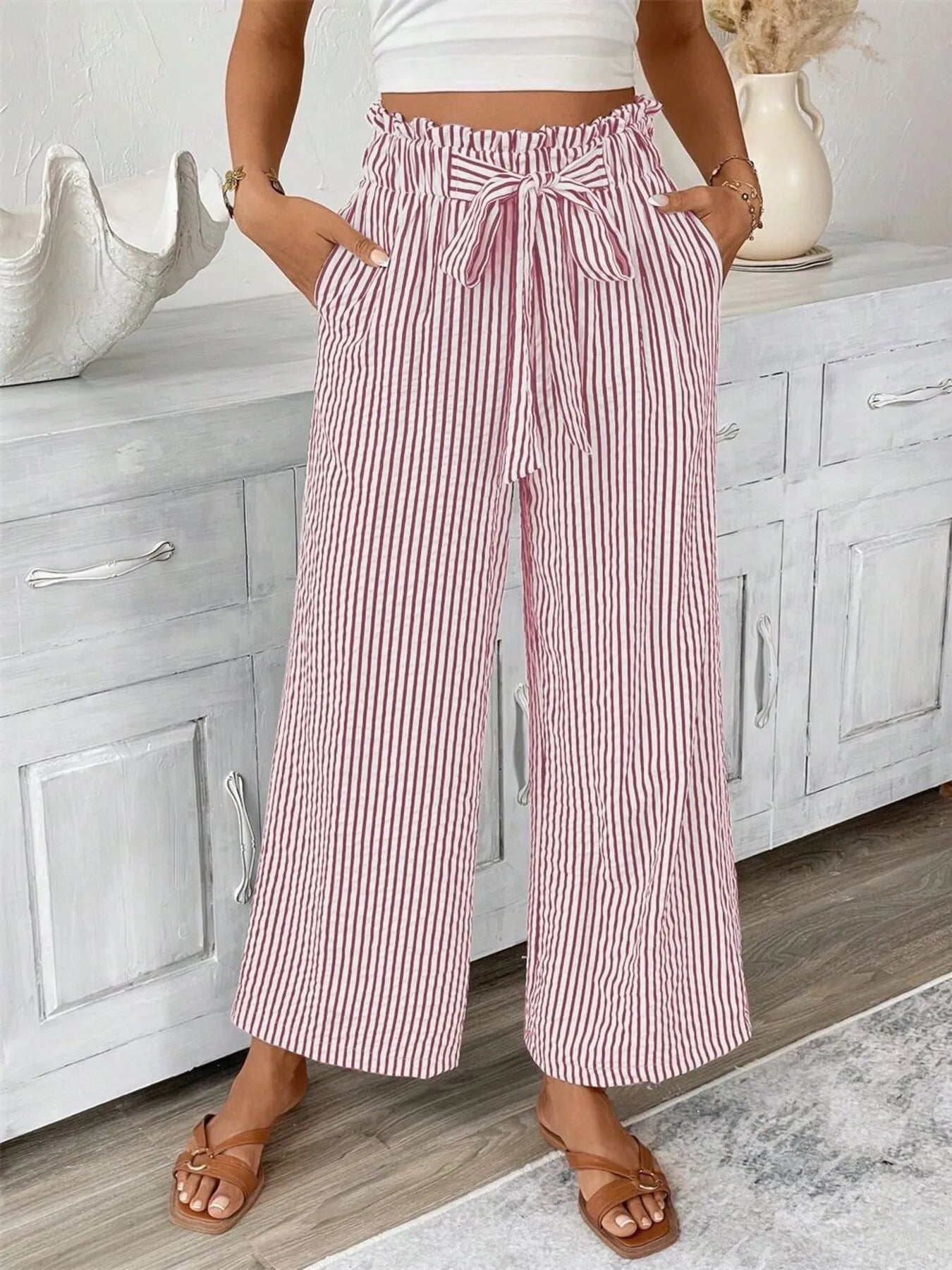 Sophie | Striped Paperbag Waist Wide Leg Trousers