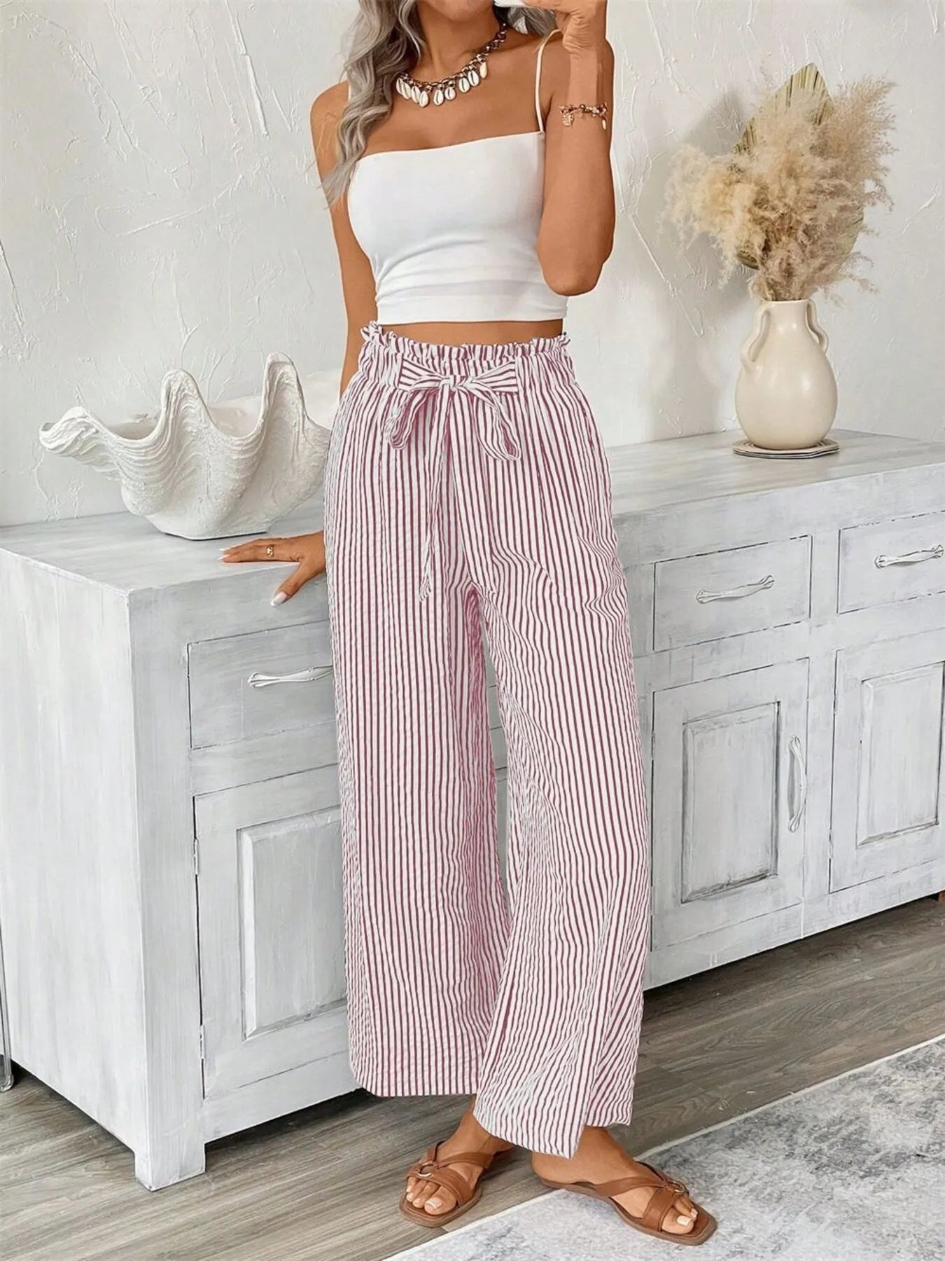 Sophie | Striped Paperbag Waist Wide Leg Trousers