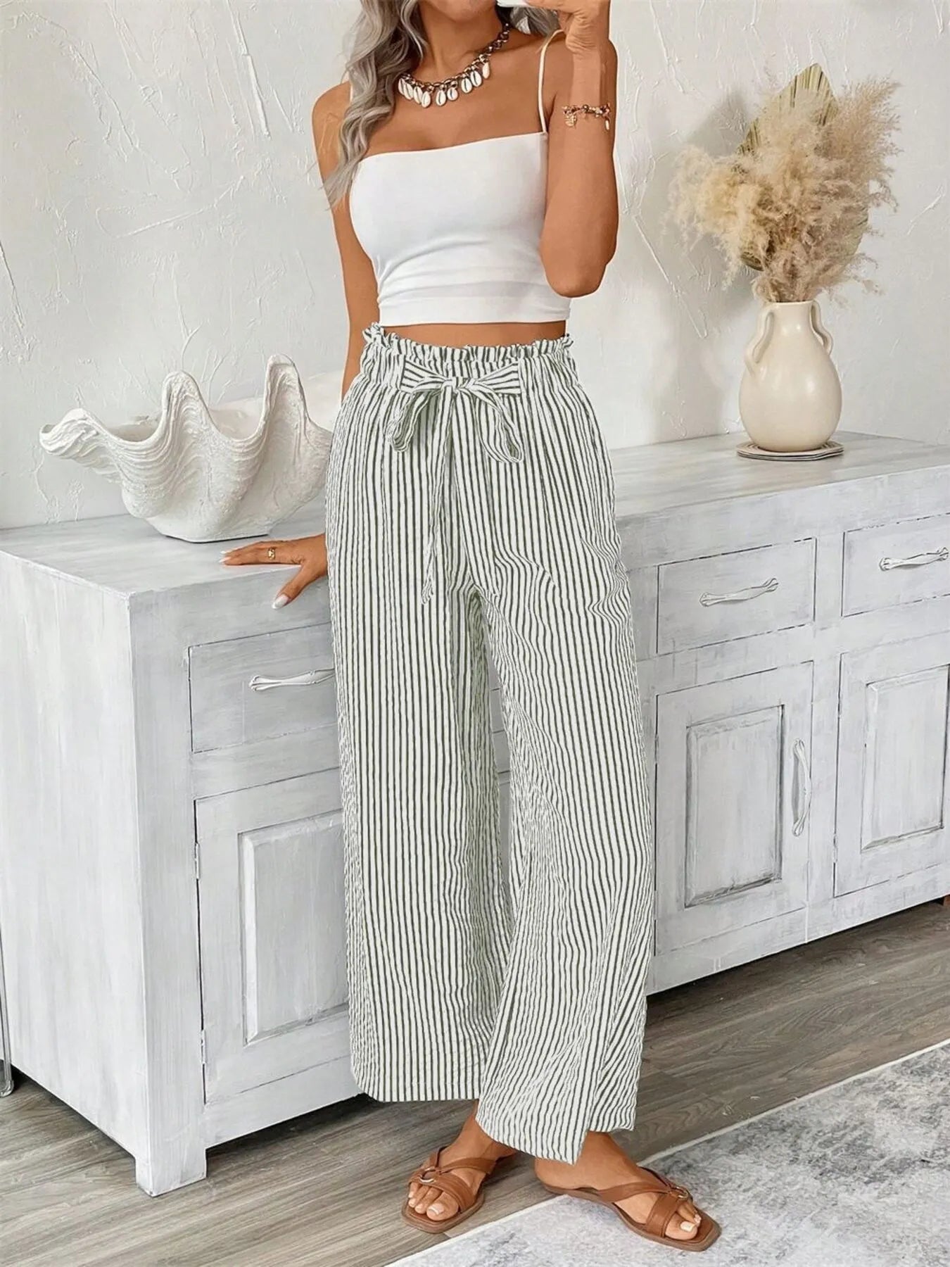 Sophie | Striped Paperbag Waist Wide Leg Trousers