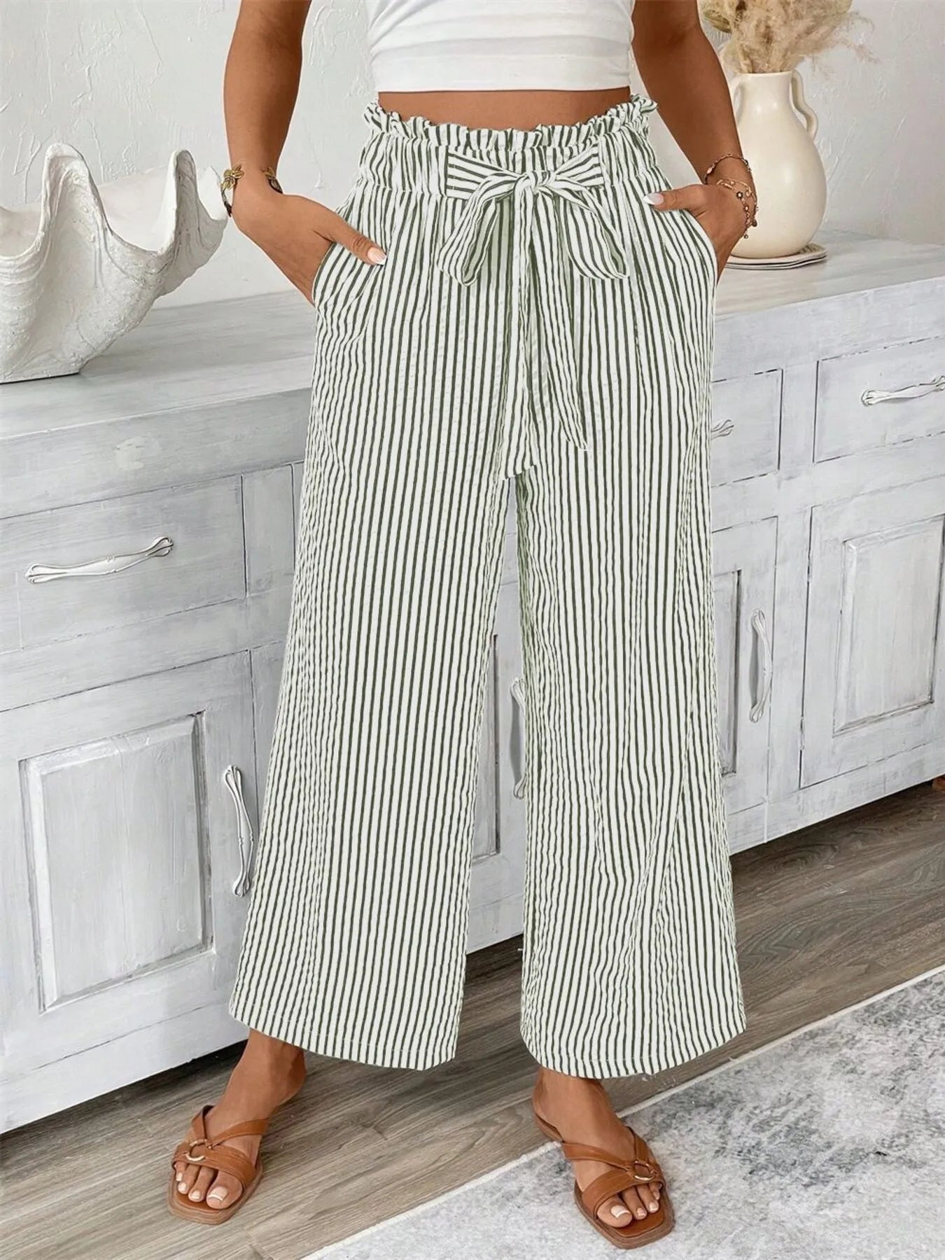 Sophie | Striped Paperbag Waist Wide Leg Trousers