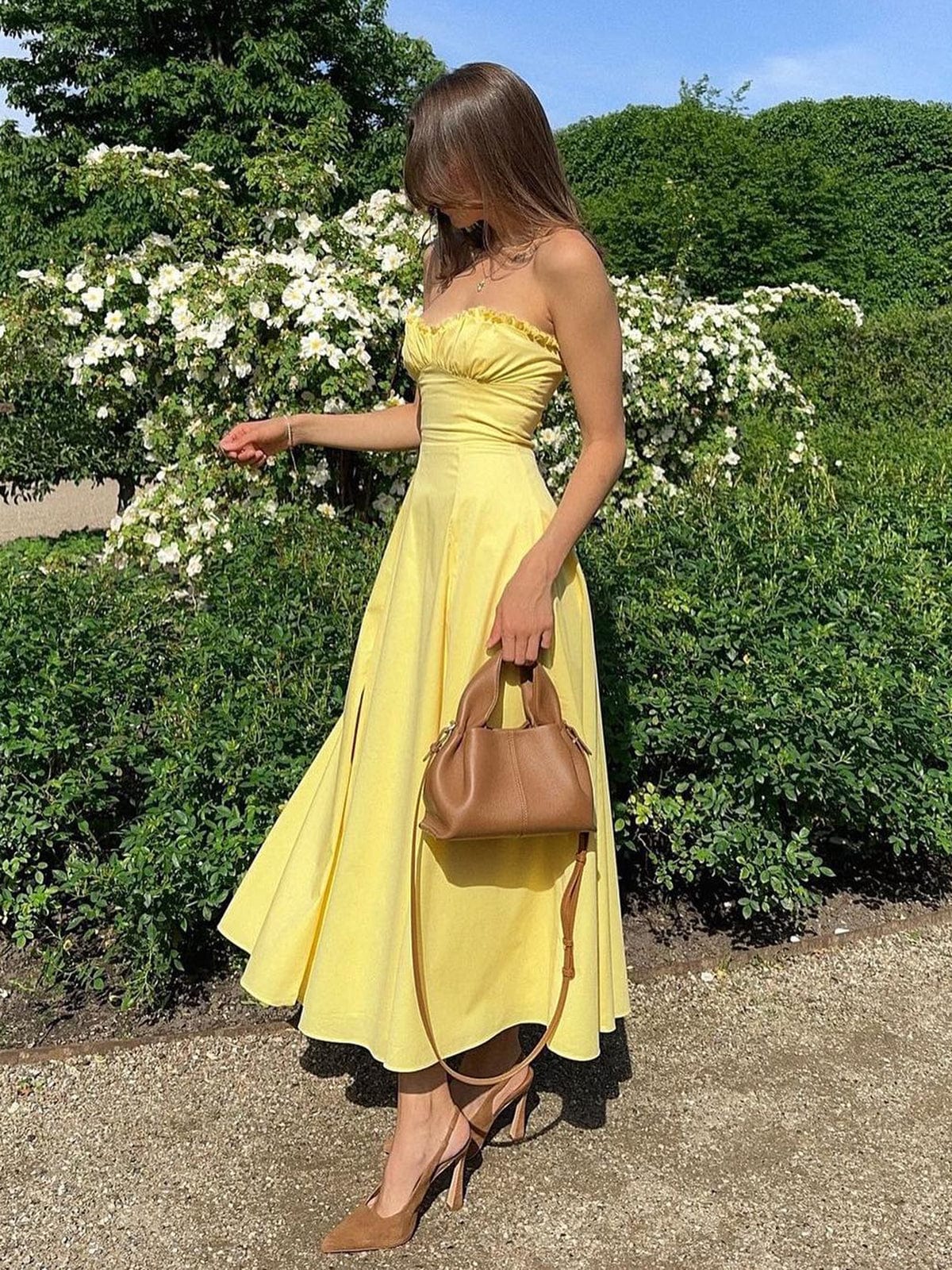 Daisy | Strapless Ruched Midi Dress with Flared Hem