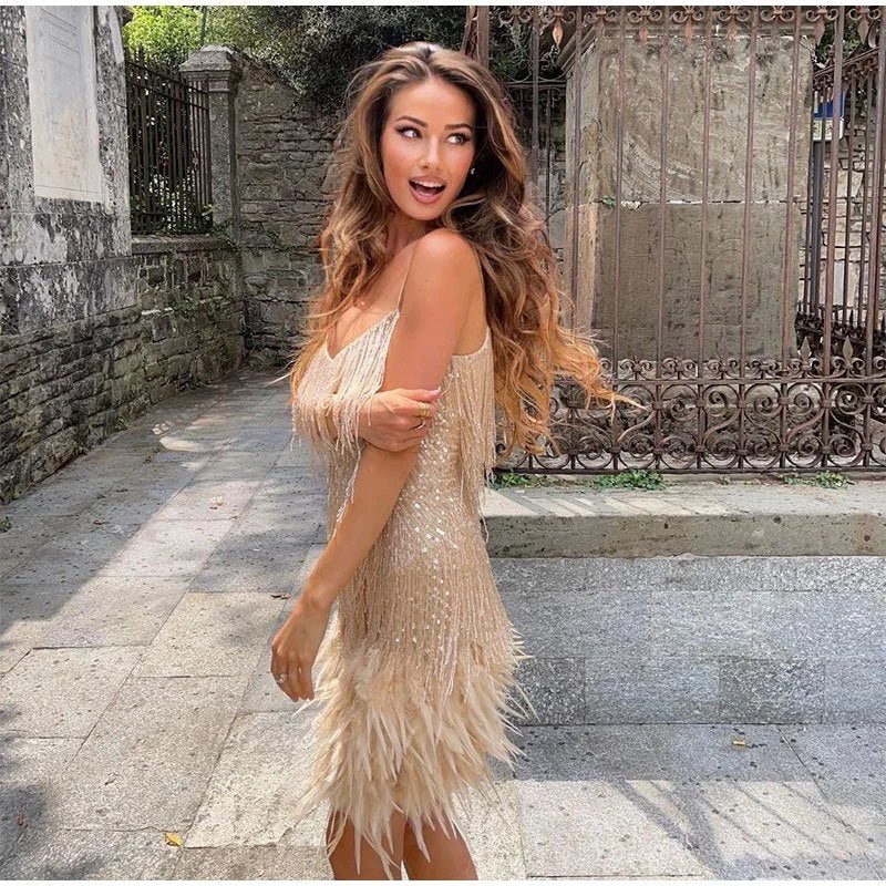 Chloe | Fringe Mini Dress with Thin Strap Detail