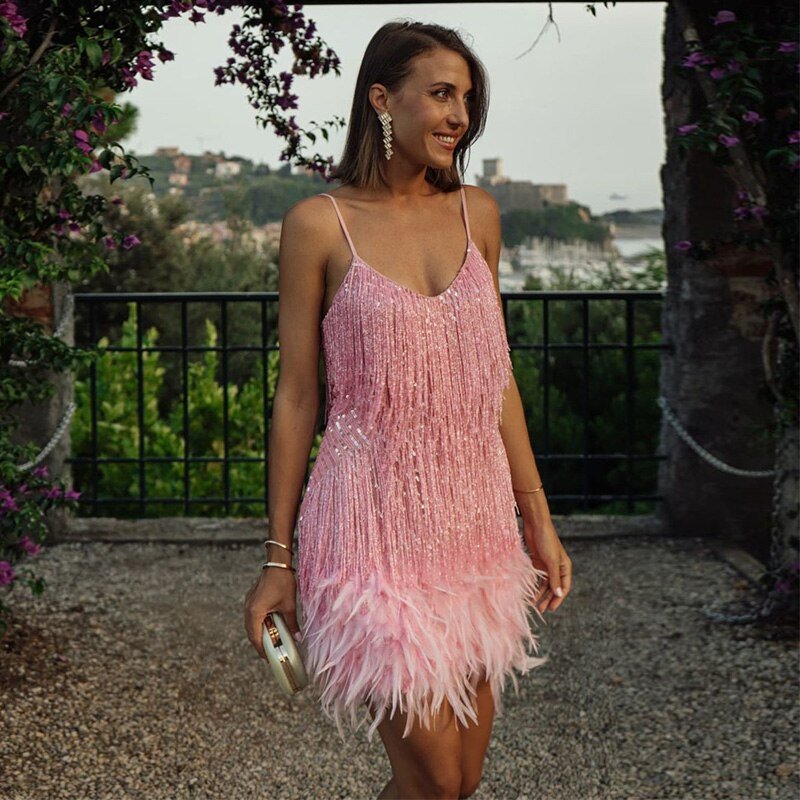 Chloe | Fringe Mini Dress with Thin Strap Detail