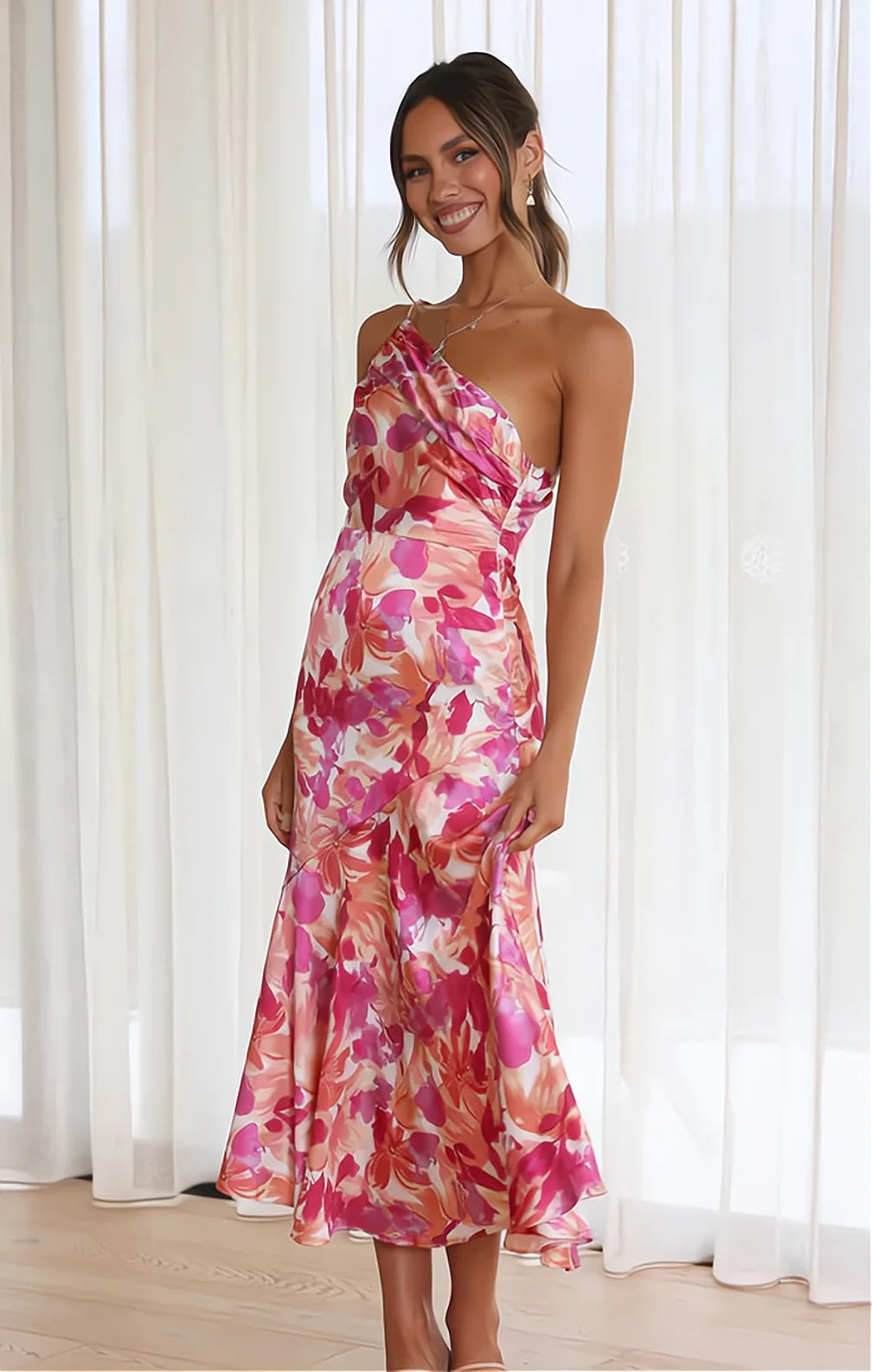 Emmeline | Floral Satin One Shoulder Dress