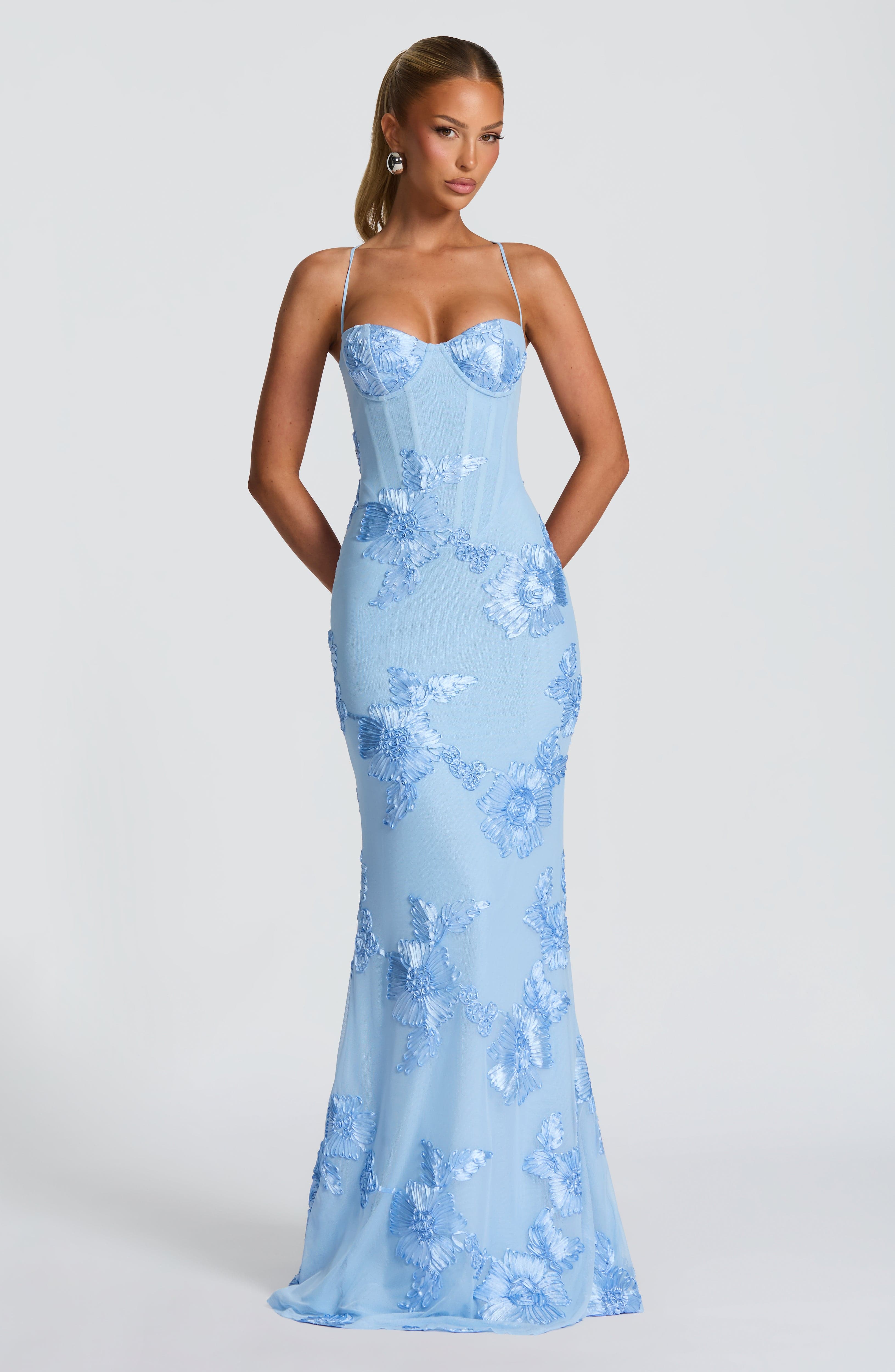 Elara | Floral Appliqué Corset Maxi Dress with Slim Straps