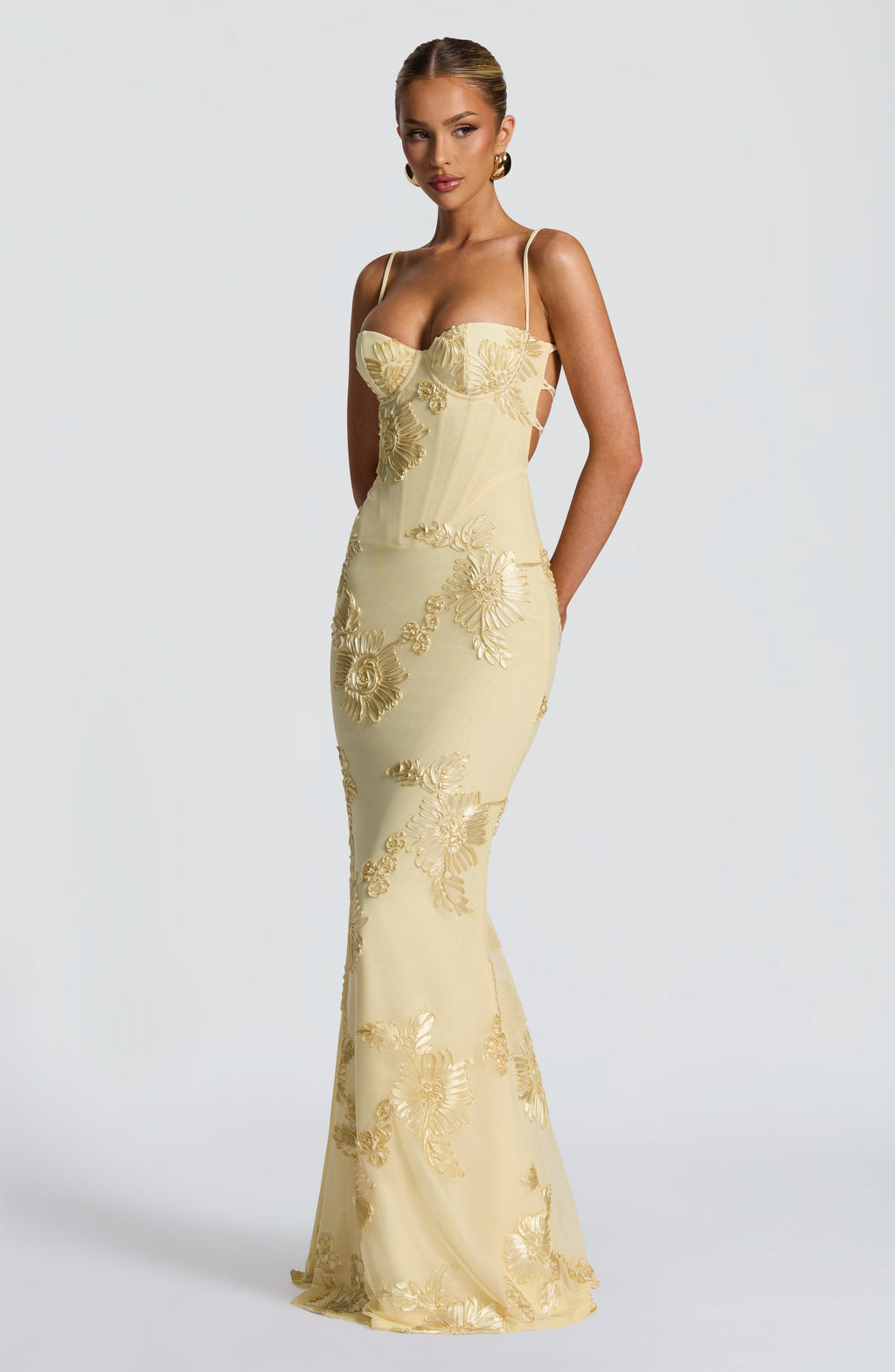 Elara | Floral Appliqué Corset Maxi Dress with Slim Straps