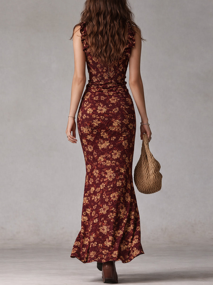 Holly | Bohemian Floral Maxi Dress with Ruffle Sleeves