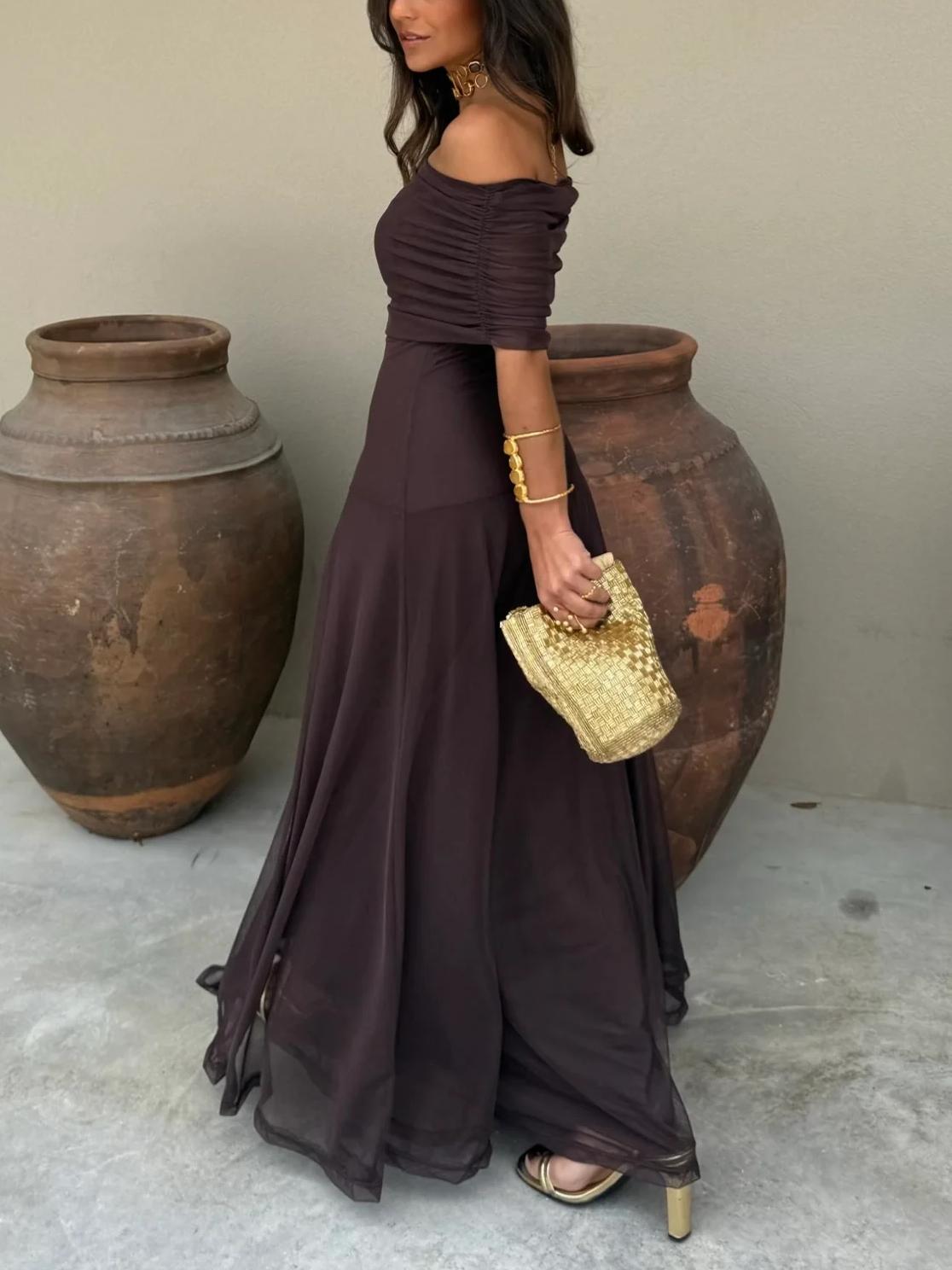 Sophia | Off-Shoulder Chiffon Maxi Dress with Gathered Bodice