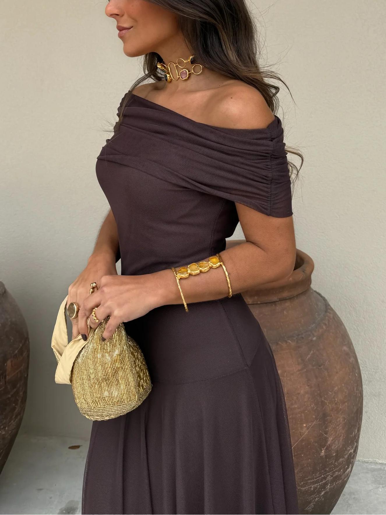 Sophia | Off-Shoulder Chiffon Maxi Dress with Gathered Bodice