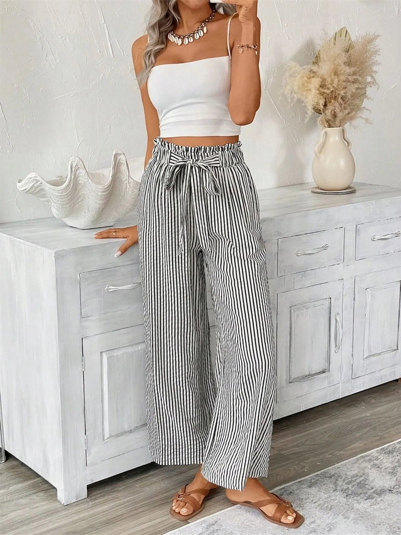 Sophie | Striped Paperbag Waist Wide Leg Trousers