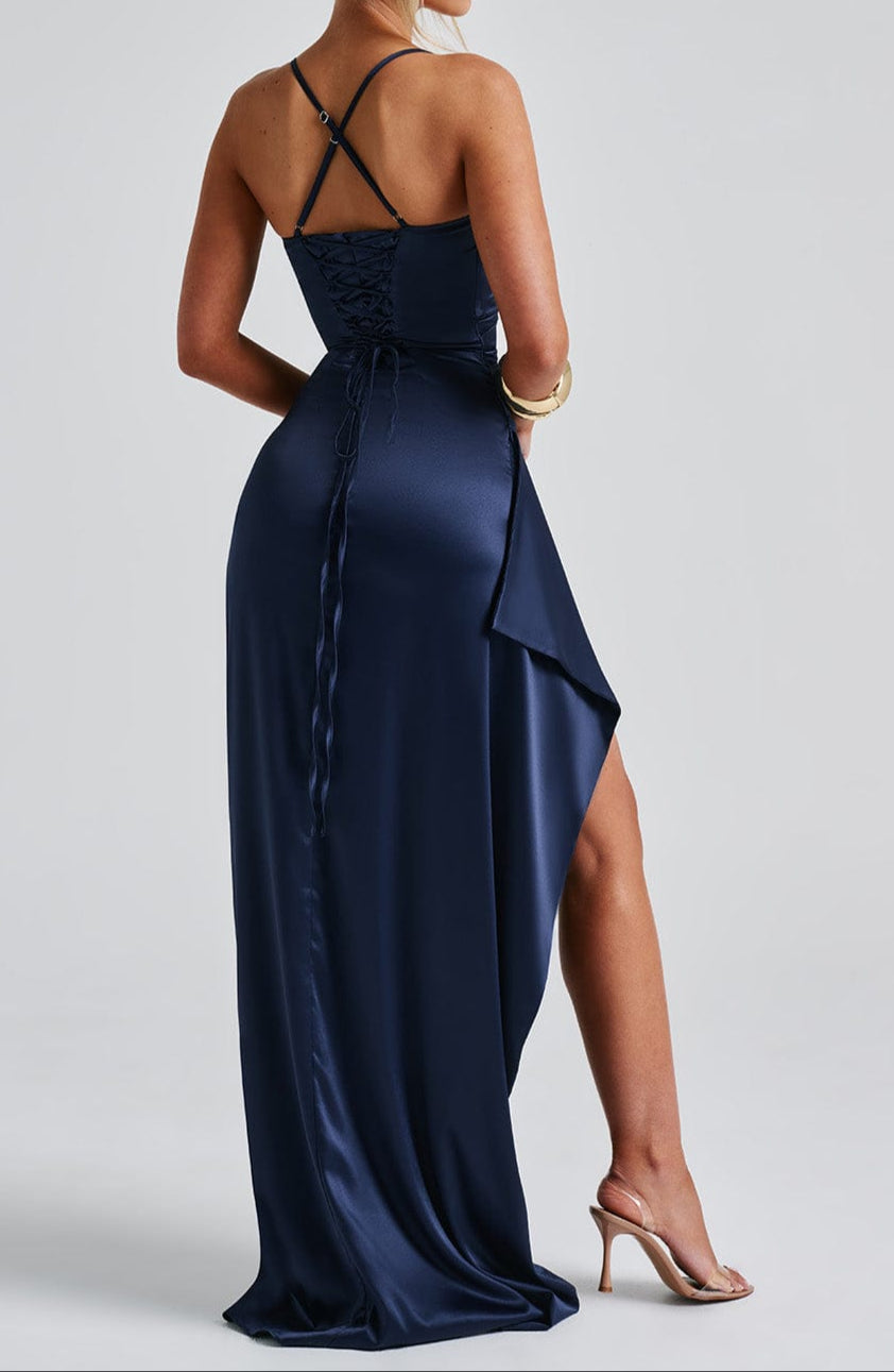 Celeste | Satin Spaghetti Strap Maxi Dress with Thigh Slit