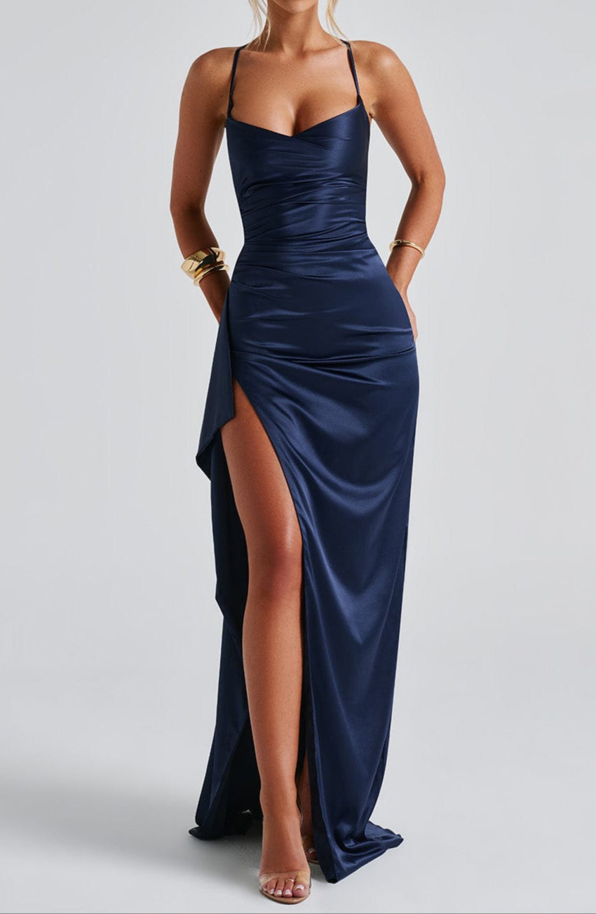 Celeste | Satin Spaghetti Strap Maxi Dress with Thigh Slit