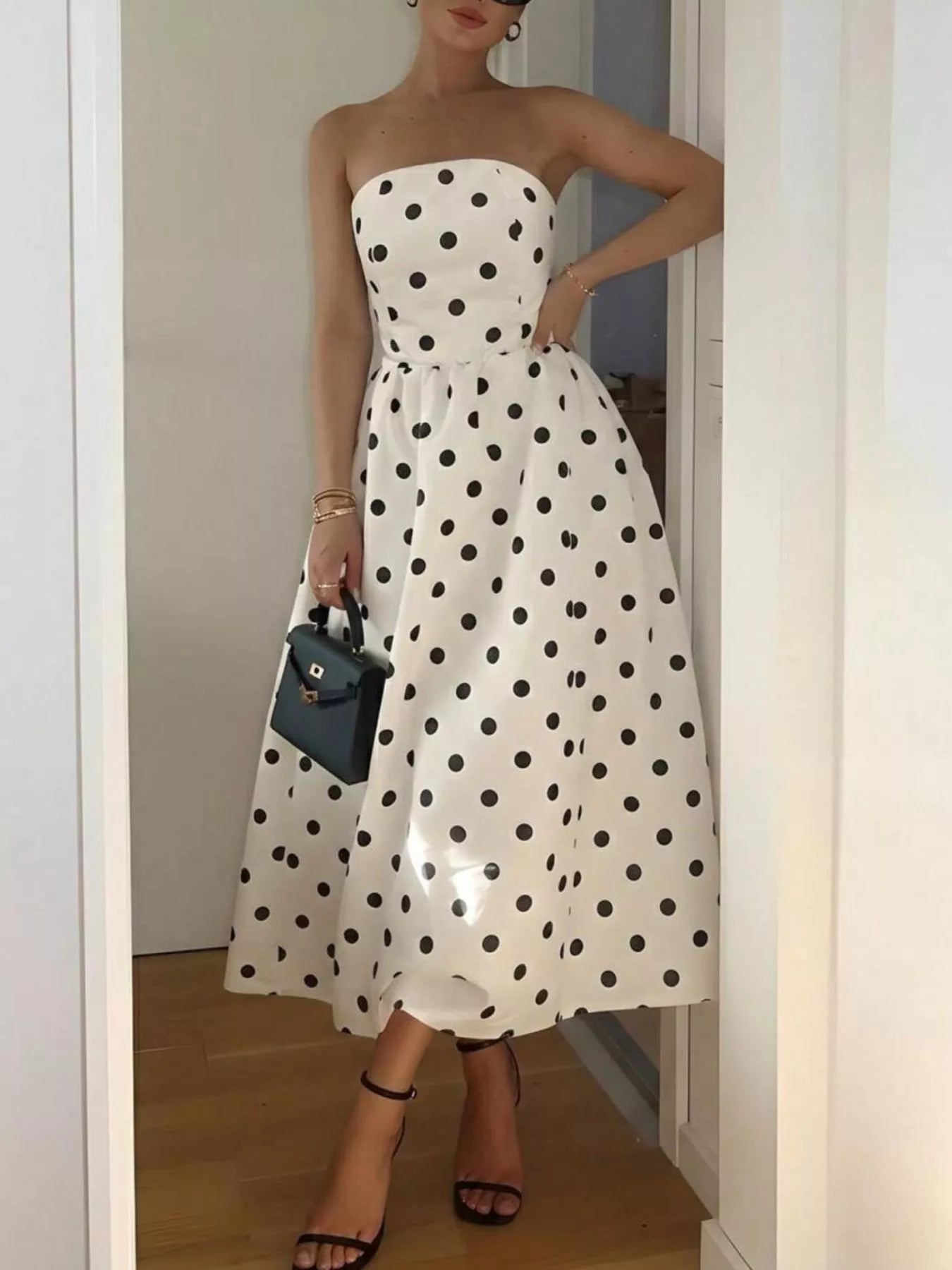 Rosalie | Polka Dot Strapless Midi Dress